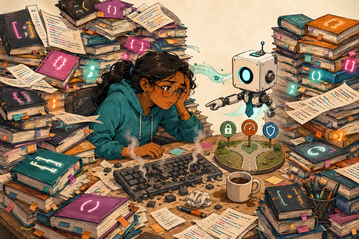 Mira buried beneath syntax while the real product decisions wait beside her