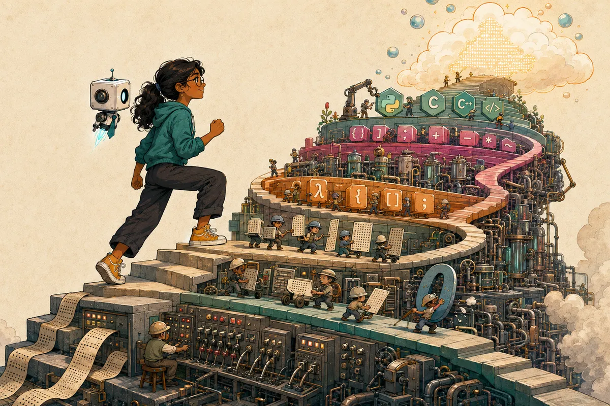 Mira climbing the layers of computing from punch cards and assembly to human thought