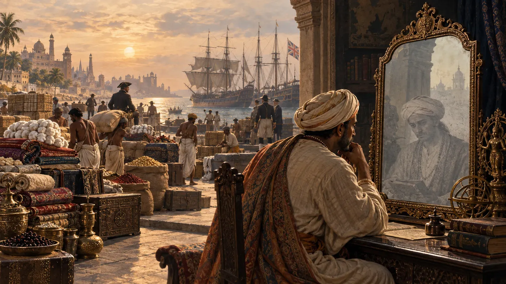 Colonial extraction at an Indian port while a scholar confronts a fading reflection