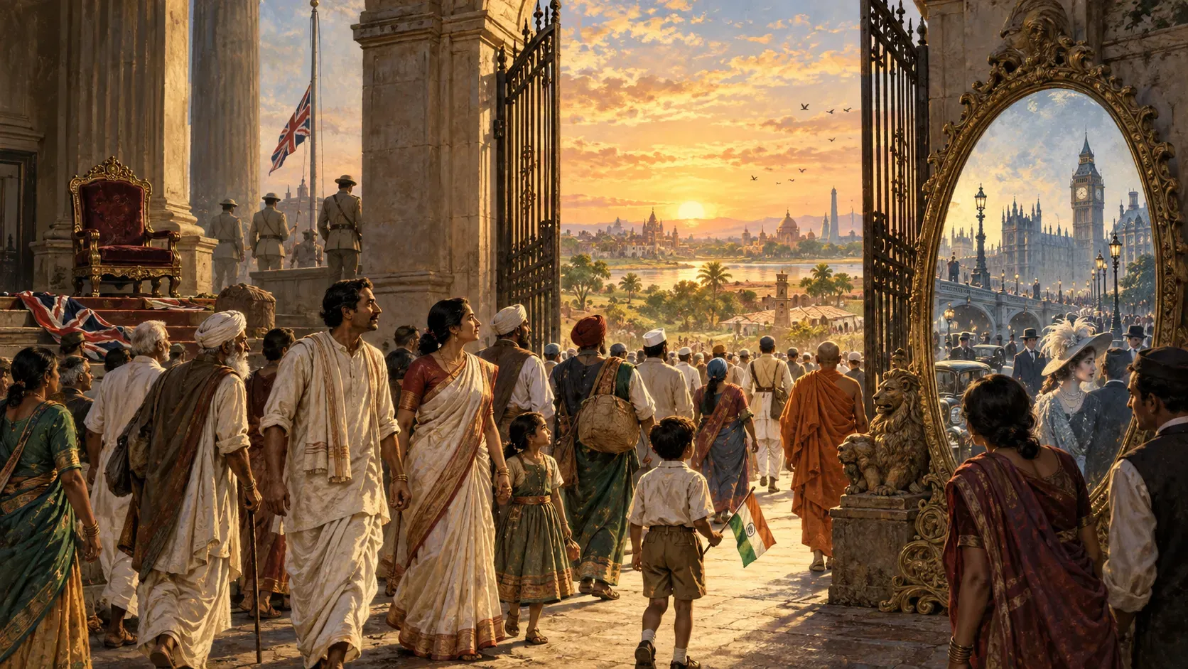 Indians walking into the dawn of independence while a foreign mirror remains beside the gate