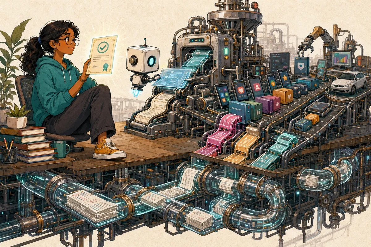 A software factory generating code and applications from a verified human specification