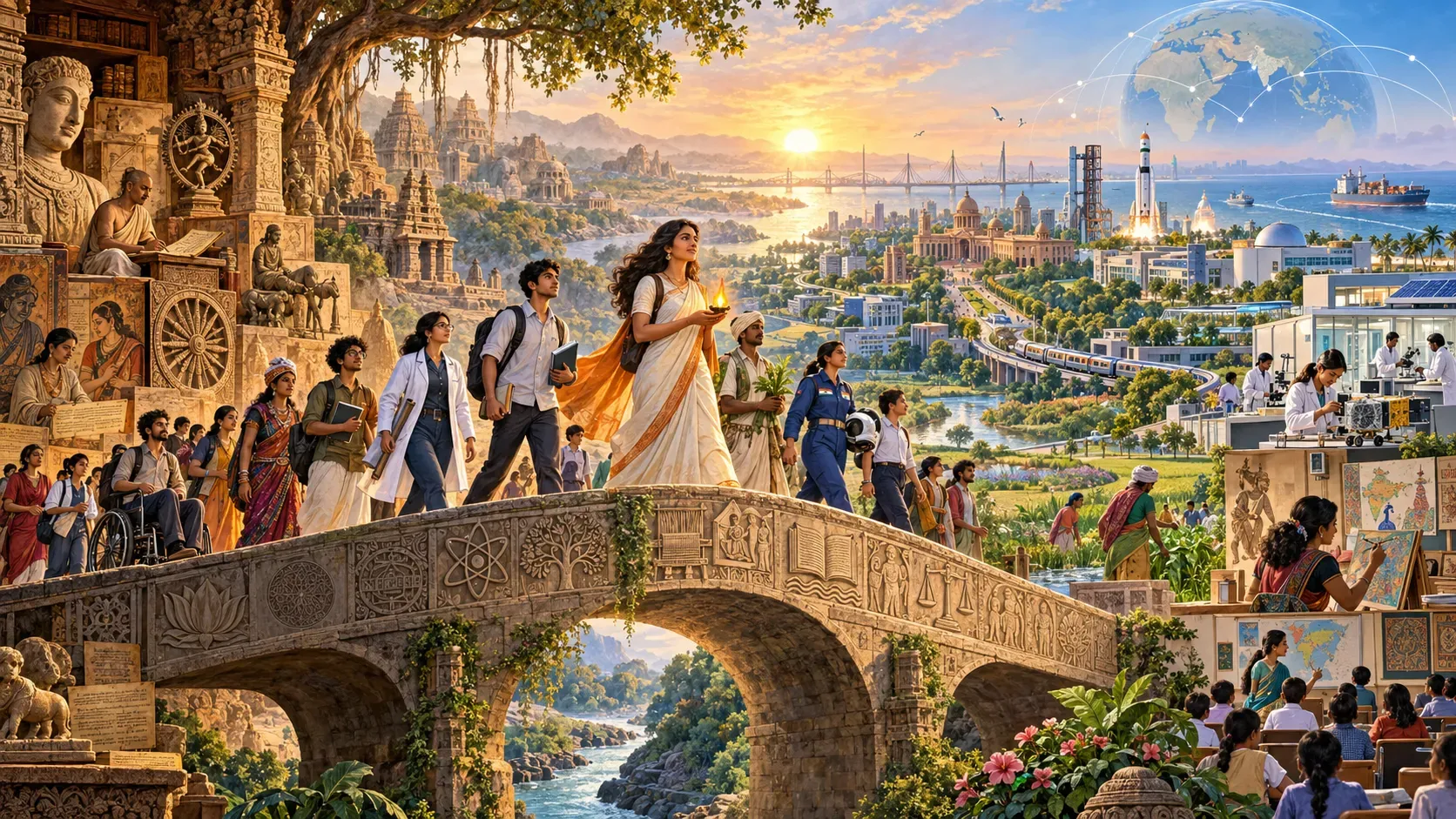 A new generation carrying civilizational memory across a bridge into an Indian future