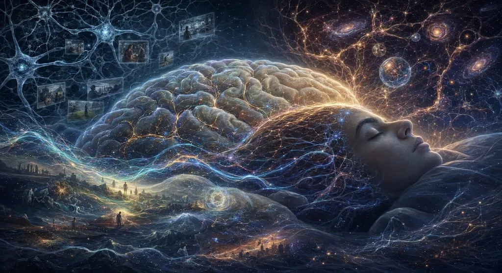 A luminous biological brain landscape with REM traces and memory fragments forming patterns.