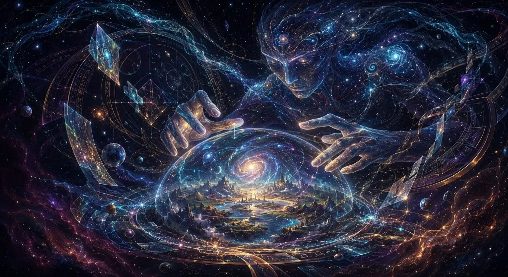 An enigmatic cosmic architect observes a tiny luminous universe beyond a glass-like veil.
