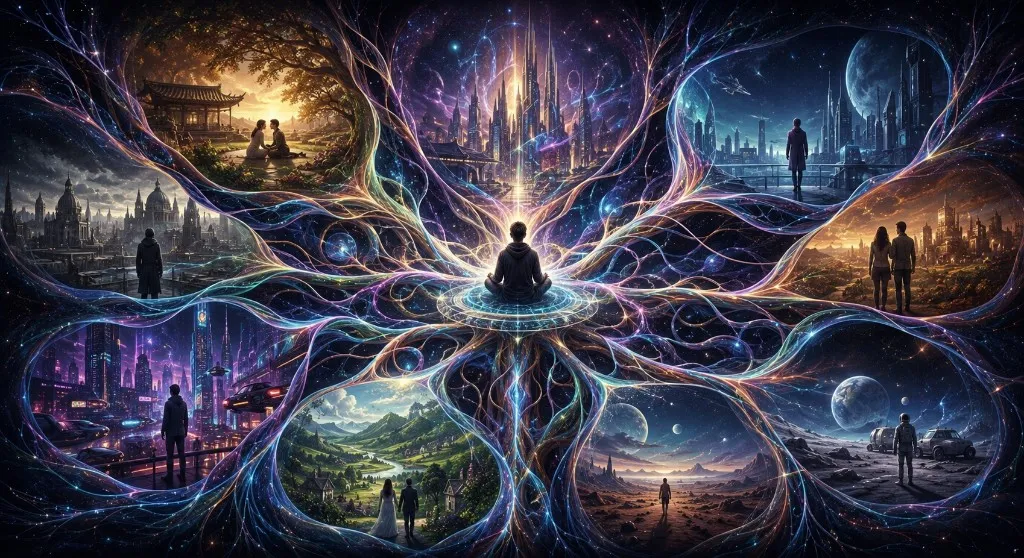 A figure stands at the centre of a branching cosmic tree, with alternate cities and lives unfolding along luminous timelines.