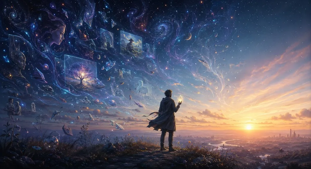 A dreamer stands at dawn holding a fading fragment of light as the cosmic sky dissolves into morning.