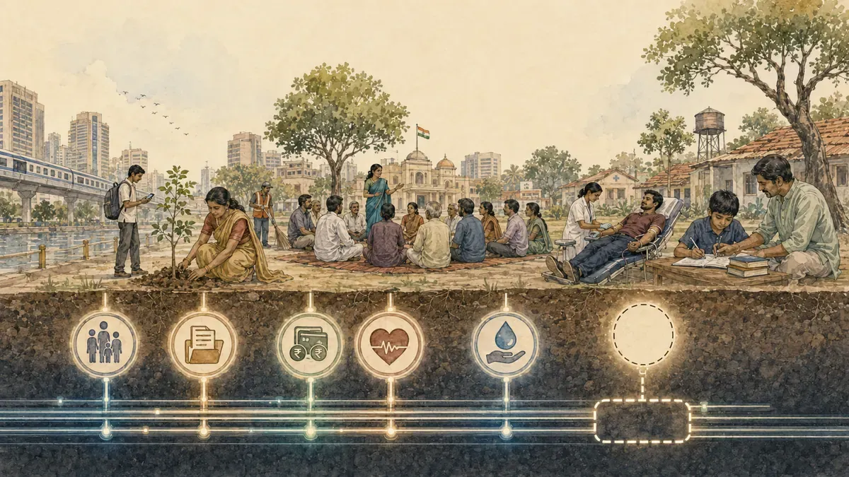 Existing digital public infrastructure runs beneath civic activity, with the participation connector still missing