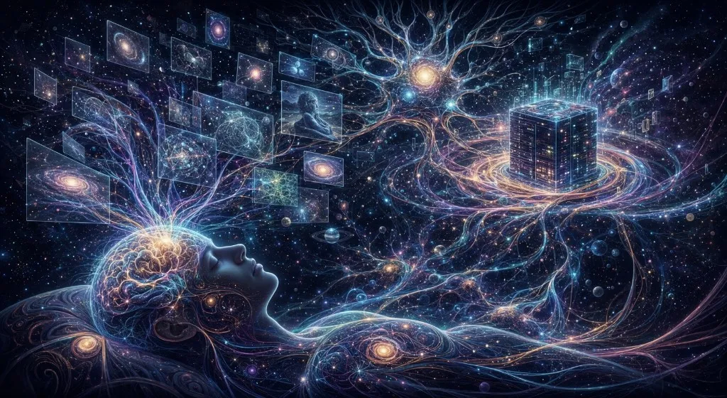 A sleeping human silhouette connected by neural filaments to a vast cosmic network.