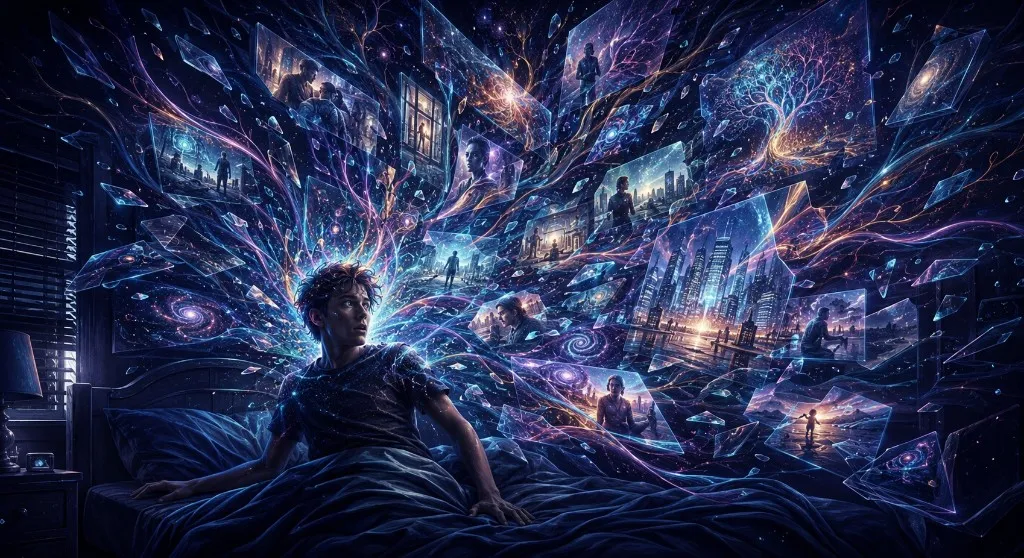 A person waking abruptly as rooms, memories and city fragments break into luminous shards.